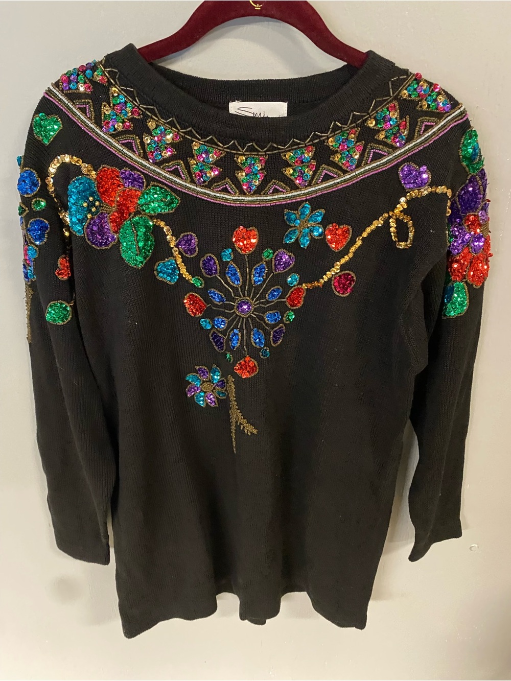 Embellished Black Beaded Floral Sweater women’s medium boho